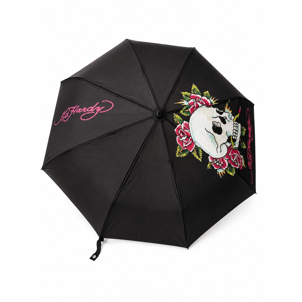 Ed Hardy Skull Roses Compact Umbrella Auto Open Travel Black & White Pink